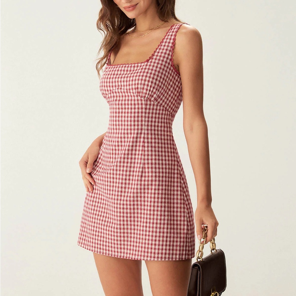 Rihoas Red Plaid Square Neck Slip Mini Dress